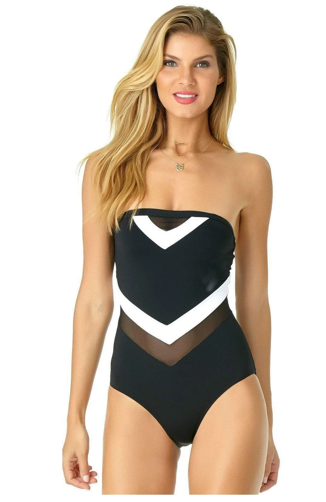 Anne Cole Color Block Mesh Chevron Spliced Bandeau Swimsuit 1 Anne Cole Color Block Mesh Chevron Spliced Bandeau Swimsuit