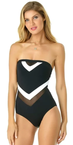 Anne Cole Color Block Mesh Chevron Spliced Bandeau Swimsuit 7 Anne Cole Color Block Mesh Chevron Spliced Bandeau Swimsuit -Sunflai Swimwear Shop 19MO01804 BLK 1621