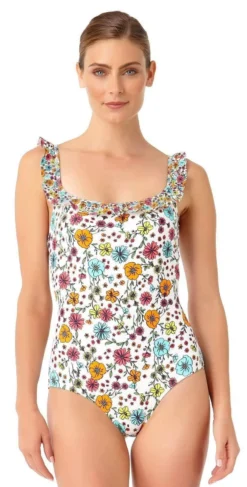 Anne Cole Lazy Daisy Flounce One Piece Swimsuit In White