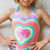 PilyQ Girls Neon Heart Embroidered One Piece Swimsuit