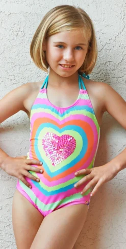 PilyQ Girls Neon Heart Embroidered One Piece Swimsuit