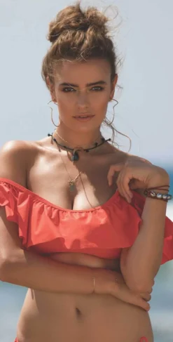 Raisins Sayulita Mermaid Flounce Top In Red Y710026-RED -Sunflai Swimwear Shop Raisins Sayulita Solids Red Flutter Top