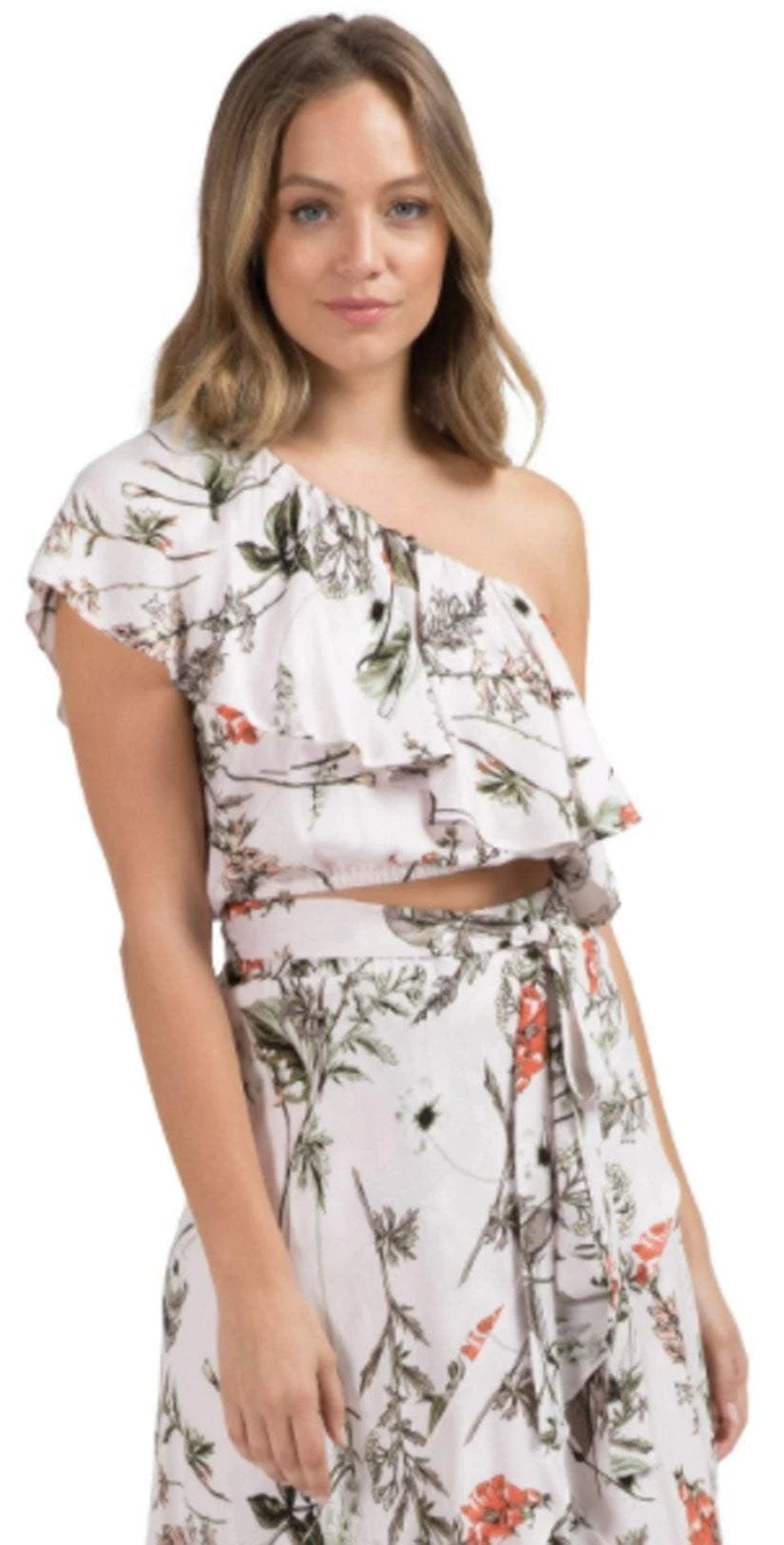 Elan Ruffled One Shoulder Crop Top In Pale Pink Botanical SCP1908-PPK-BO 1 Elan Ruffled One Shoulder Crop Top In Pale Pink Botanical SCP1908-PPK-BO