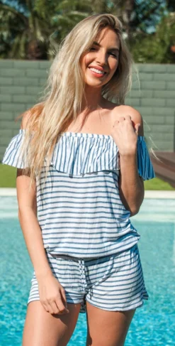 Splendid Chambray All Day Off The Shoulder Romper SP48777-BLU -Sunflai Swimwear Shop SPlendidsummer2017chambrayalldayromperIMG 4966