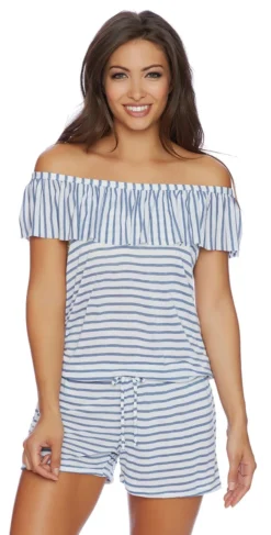 Splendid Chambray All Day Off The Shoulder Romper SP48777-BLU