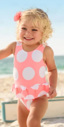 Snapperrock Little Girl's Neon Coral Spot Skirted Swimsuit G13075