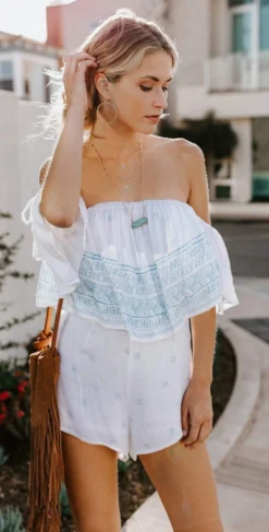 Elan Stamped Off-Shoulder Romper In Pale Blue SCP7112