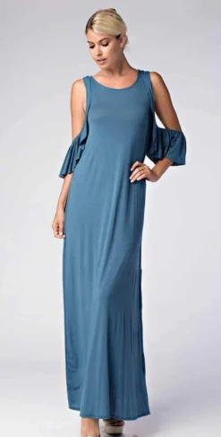 Love In Cold Shoulder Round Neck Ruffle Maxi Dress D10278