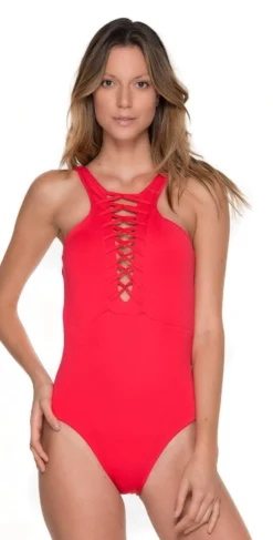 Malai High Neck One Piece In Cherry OP0092 -Sunflai Swimwear Shop malaiOP92