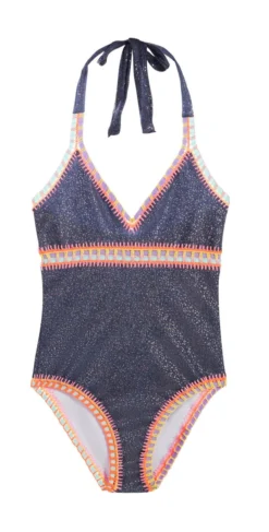 PilyQ Kids Sparkle Denim Embroidered One Piece Swimsuit