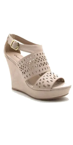 Qupid Shoes Lena Perforated Strappy Wedge In Nude LENA-619 NUDE