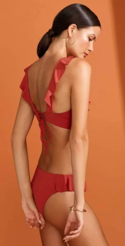 Robin Piccone Lina Ruffle Tab Side Bottom In Auburn 181265-AUB